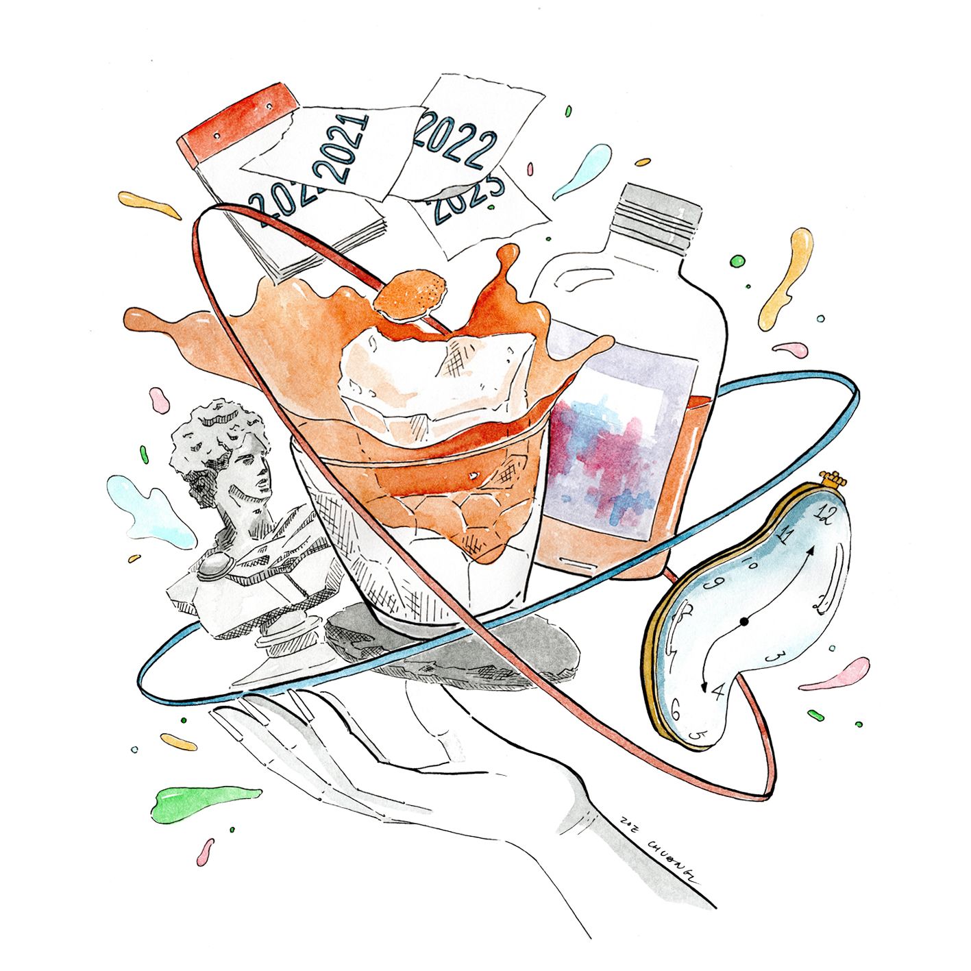 水彩插畫：酒液飛濺的年份酒款拼貼，2021 到 2023 的品飲記憶